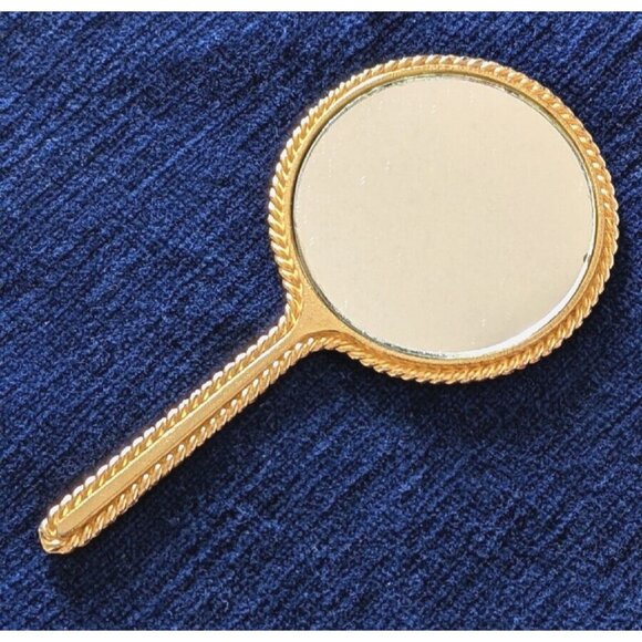 VTG Ornate Goldtone Handheld Mirror Vanity Magnifying Mini 2.5" Signed - Picture 1 of 5